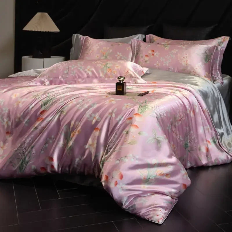 100% Natural Mulberry Silk Fitted Sheet Bedding Sets 3D Printed Satin Cooling Quilt Cover Set for Summer Single Double Bed Kit