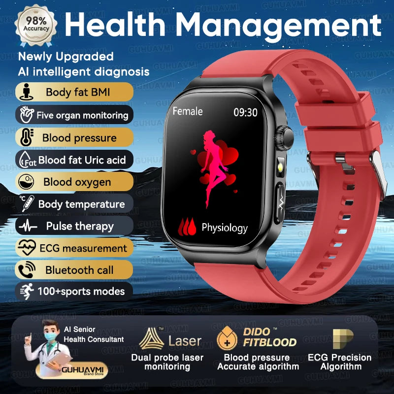 2025 New AI Human Health diagnosis ECG+HRV Smart Watch Blood Pressure Uric acid Blood lipid Bluetooth Call Smartwatch Men Women
