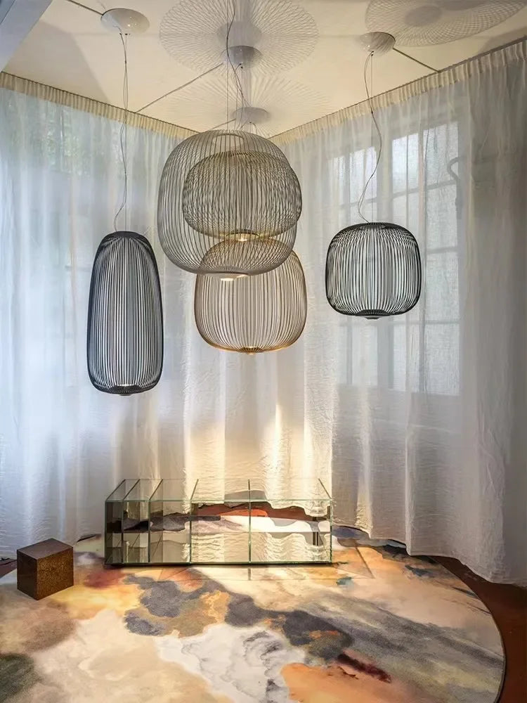 Minimalist Birdcage Hanging Light Italian Pendant Lamp Designer Spokes 1/2 Light  Home Decor Stairway Spot Lighting