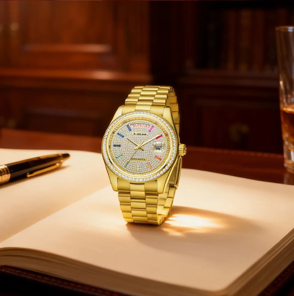 X-GEAR Men Luxury Watches Full diamond dial Diamond bezel Mechanical Watch Luminous Date Week Display Stainless Steel Case Strap