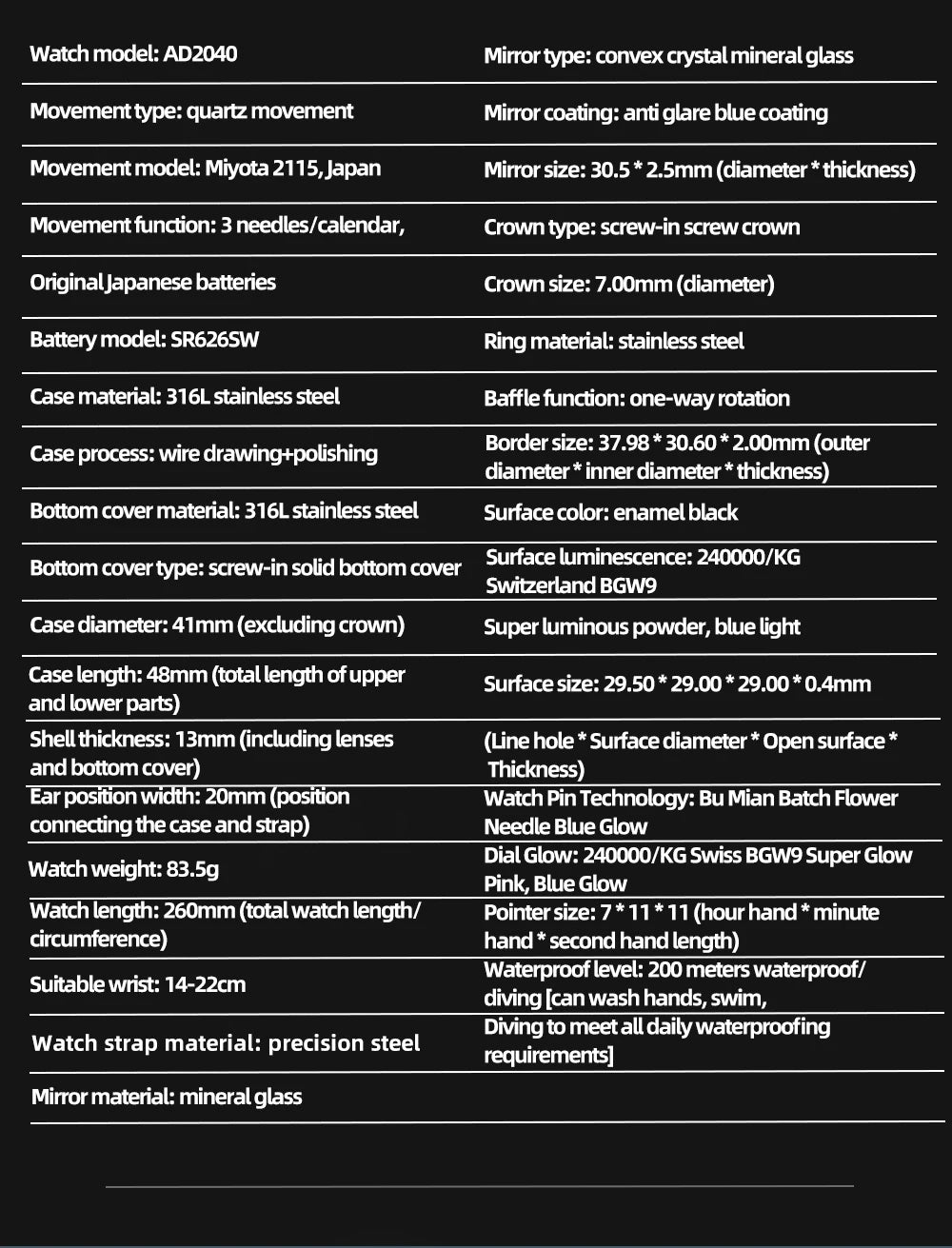 ADDIESDIVE 41mm Japan2115 Men's Quartz Watch 200m Waterproof Wristwatch BGW9 Luminous Ceramic Bezel 316 Steel Man Luxury Watches