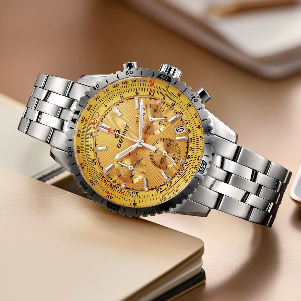 BERNY Aviation Pilot Men's Watches Quartz Chronograph Watch Date Sapphire Super Luminous Luxury Brand Dress Man Wristwatch