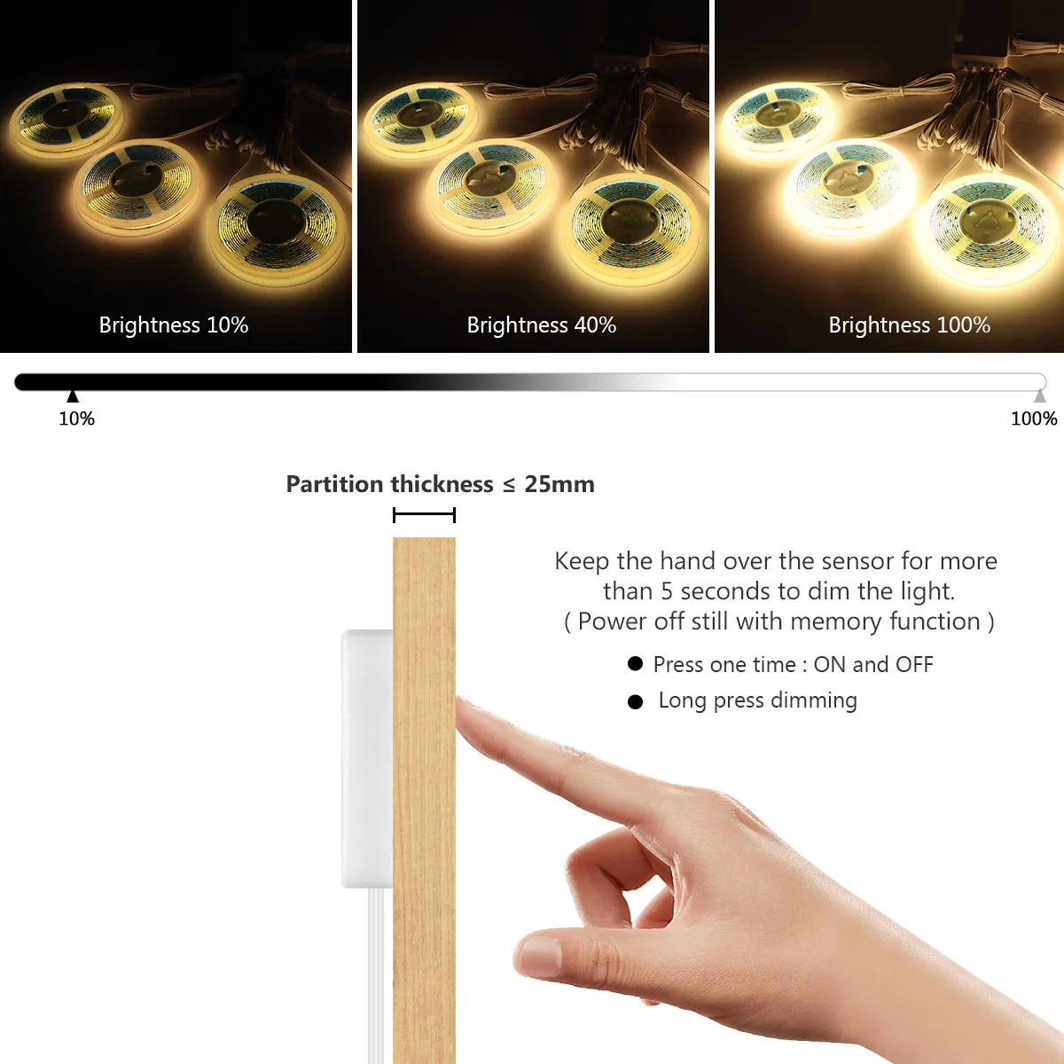 Under Cabinet COB Led Strip Penetrable Wood Touch Sensor Light Dimmable Night Lamp For Bedroom Wardrobe Indoor Kitchen Lighting