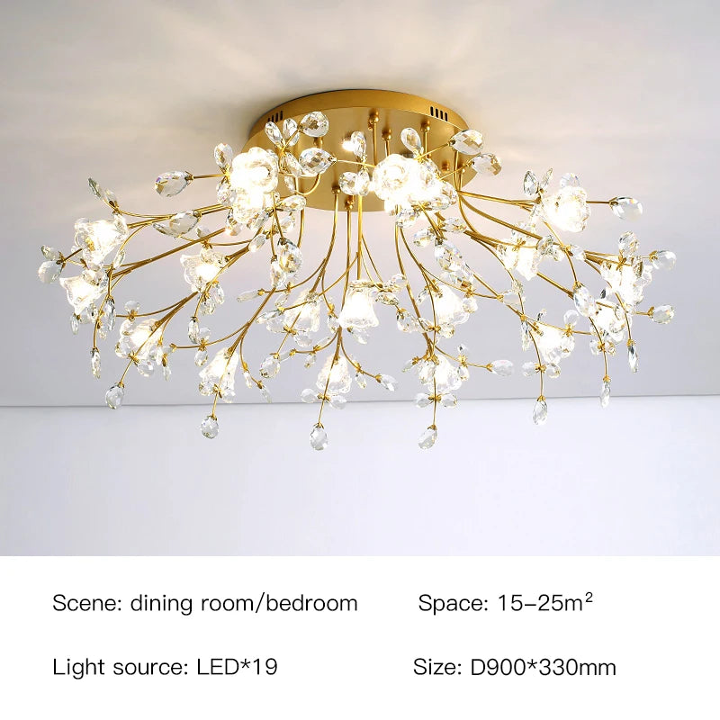 Luxury Crystal Flower Ceiling Light Gold LED Branch Tree Chandelier For Living Room Bedroom Villa Hotel Decor Bedside Wall Lamp
