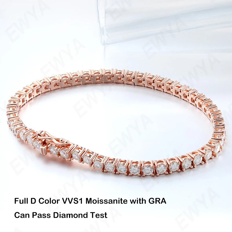 EWYA Real D Color Full 2/2.5/3/4/5/6.5mm Moissanite Tennis Bracelet For Women S925 Plated 18K Rose Gold Diamond Link Bracelets