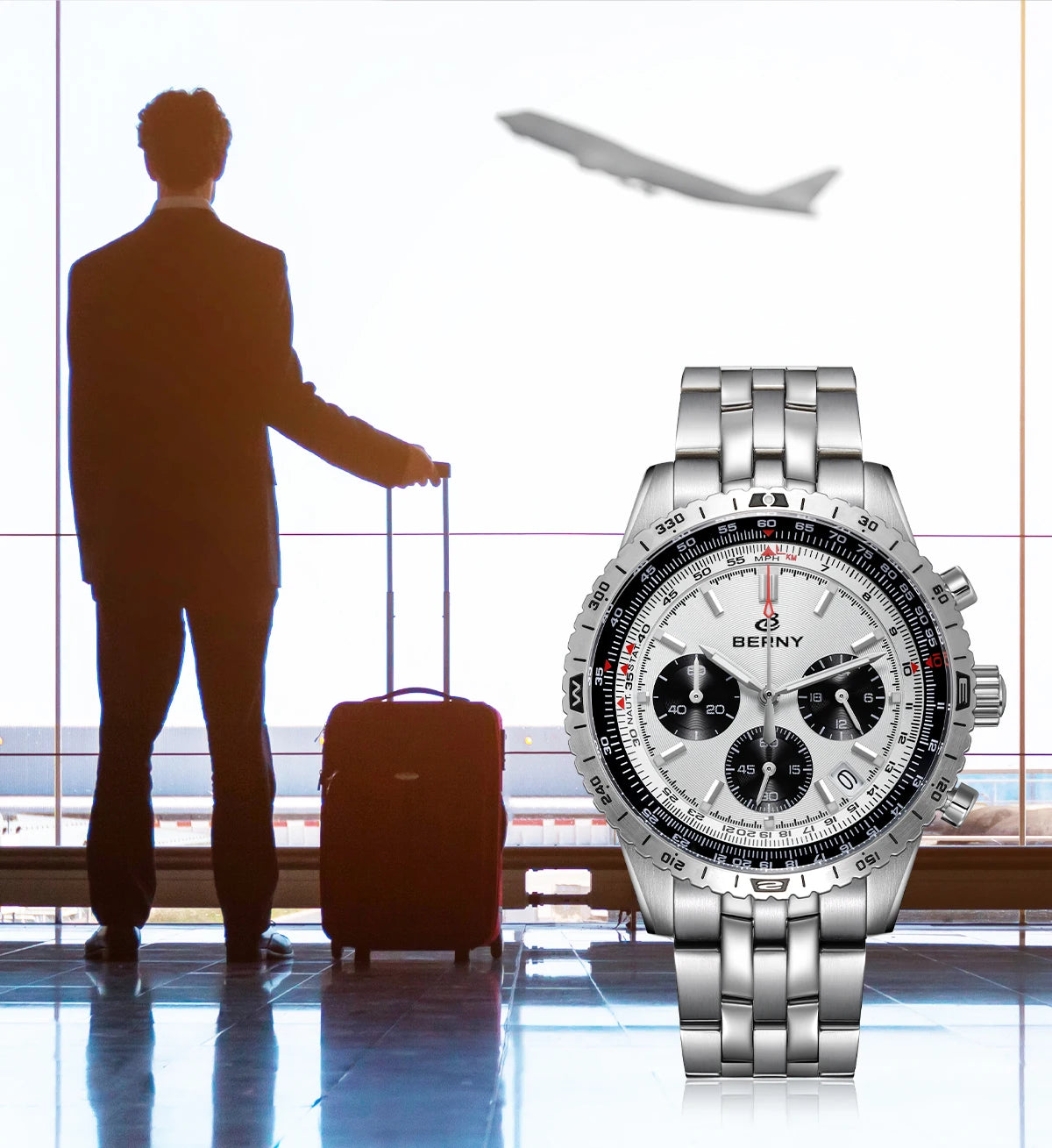 BERNY Chronograph Watches for Men Aviation Pilot Multifunction Quartz Men's Watch Date Sapphire Super Luminous Luxury Wristwatch