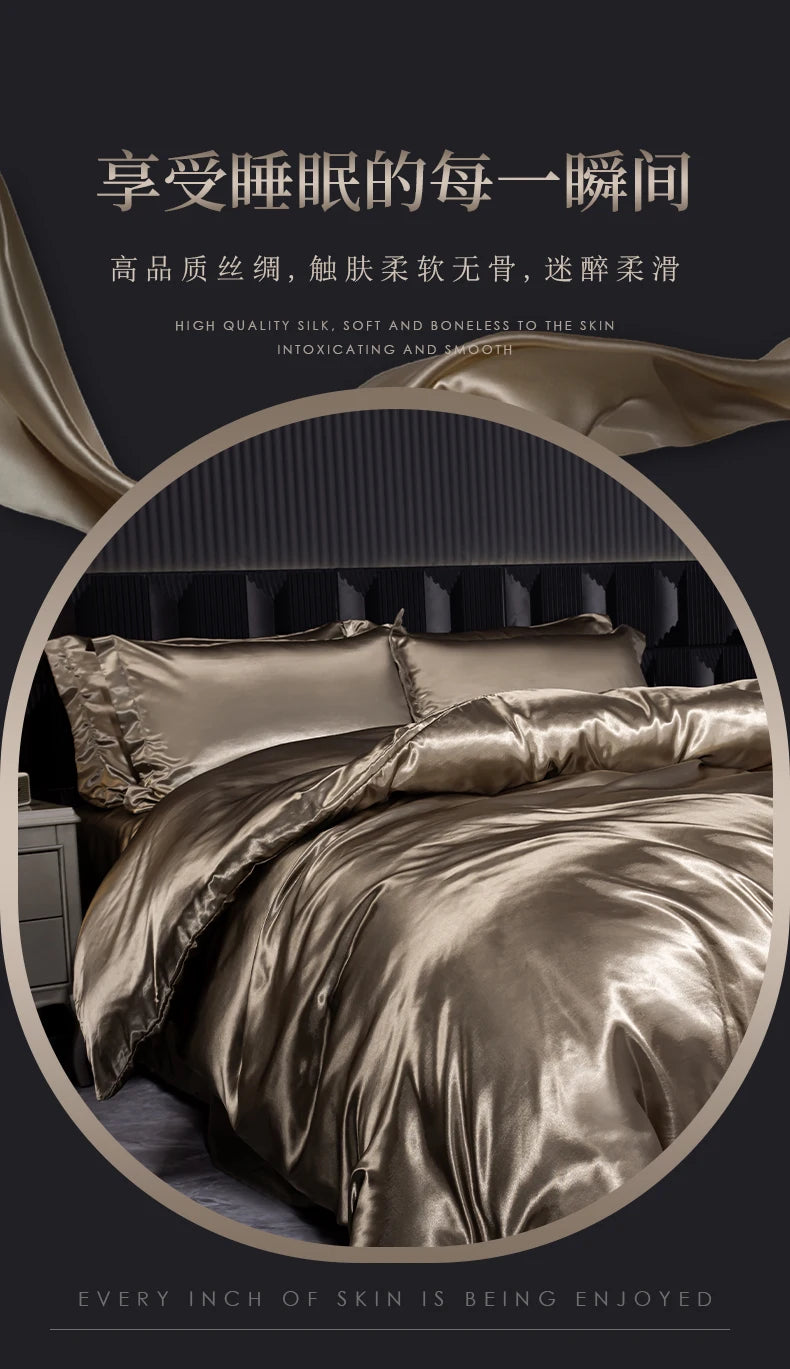 Solid Silk Bedding Set with Duvet Cover Bed Sheet Pillowcases Luxury Satin Single Double Bedsheet King Queen Twin Size