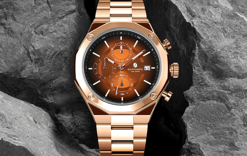 SAPPHERO Rose gold Watch Mens Watch Luxury  Stainless Steel Quartz Watch Business Waterproof Luminous Calendar Wristwatch Gift