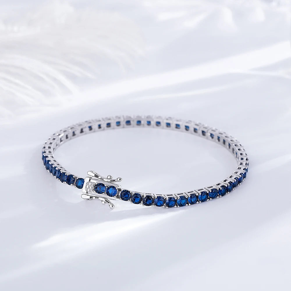 Real 925 Jewelry For Women/Men Pave 3 mm Montana Blue Sapphire Cubic zircon Hip Hop Rock Pure Silver 15-21 cm Tennis Bracelet