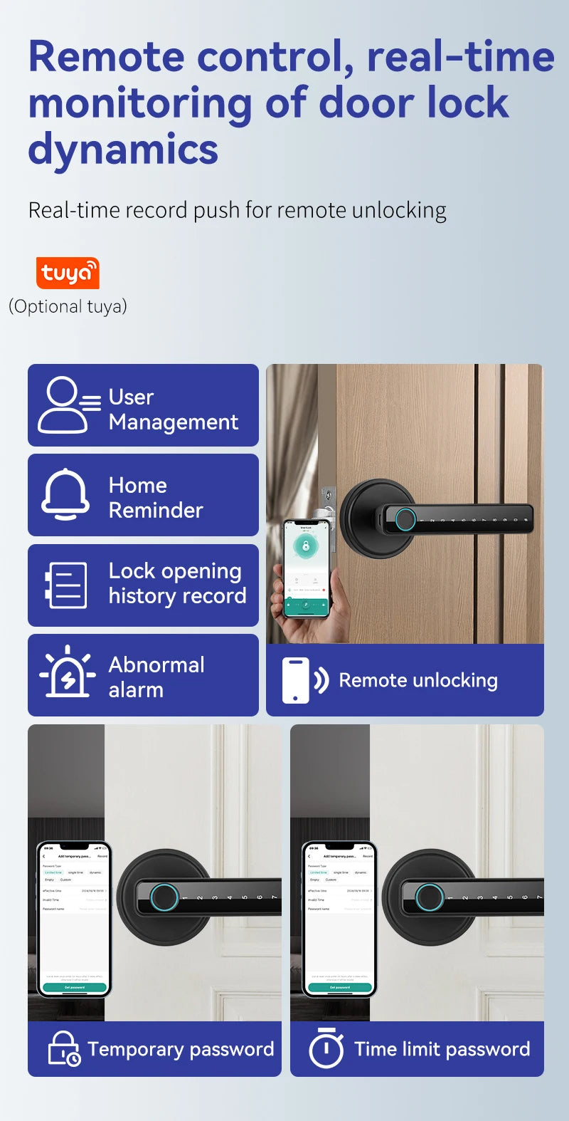 Tuya Smart Fingerprint Door TT Lock Electronic Lock with Password/Key/Card/Tuya APP Unlock Home Protection Smart Life Control