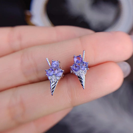 Fine Natural Tanzanite Silver Ice Cream Design  Earring 3x3mm Natural Tanzanite 925 Silver Tanzanite Engagement Earring