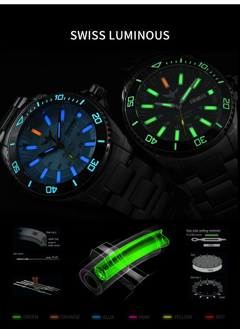 YELANG Automatic Mens Green Water Ghost Watches H3 T100 Self Luminous Wristwatch Waterproof 300m Turning Ceramic Bezel V1032