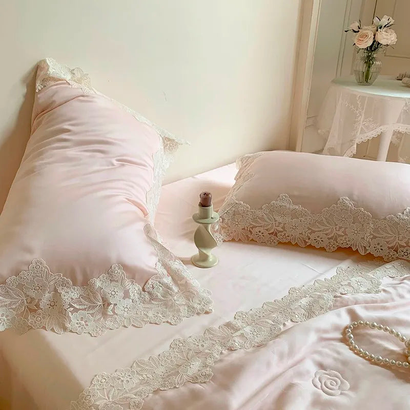 100%Eucalyptus Lyocell Cream White Lace Soft Silky Textured Wrinkle-Free Summer comforter Blanket 1Pc Flat sheet 2Pillow shams