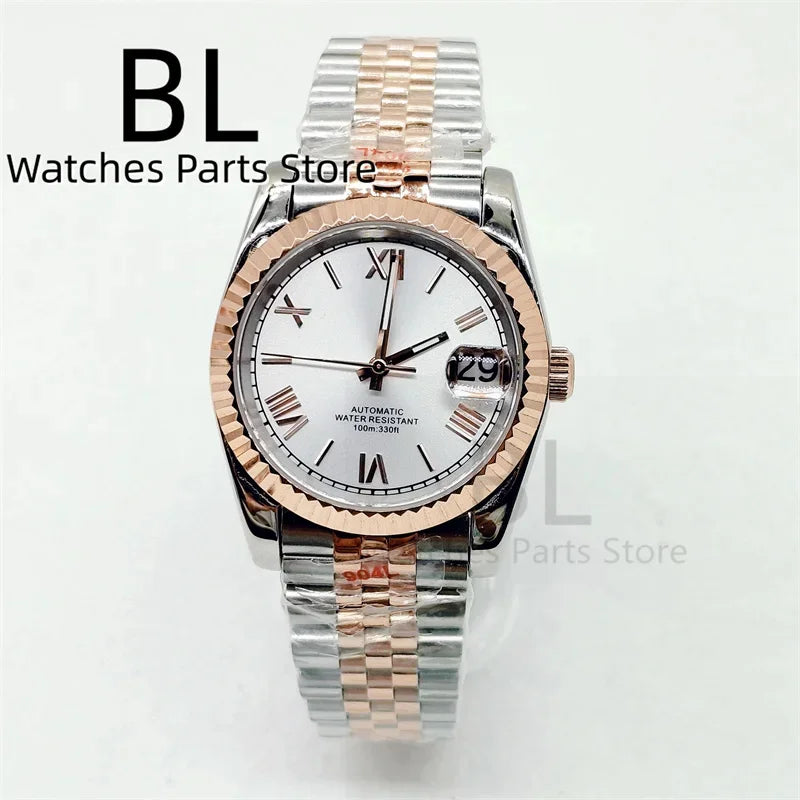 BLIGER 36mm39mm Two-tone Rose Gold Black Dial Watch For Men Date Fluted Bezel Sapphire Glass Rose Roman Index Jubille Bracelet