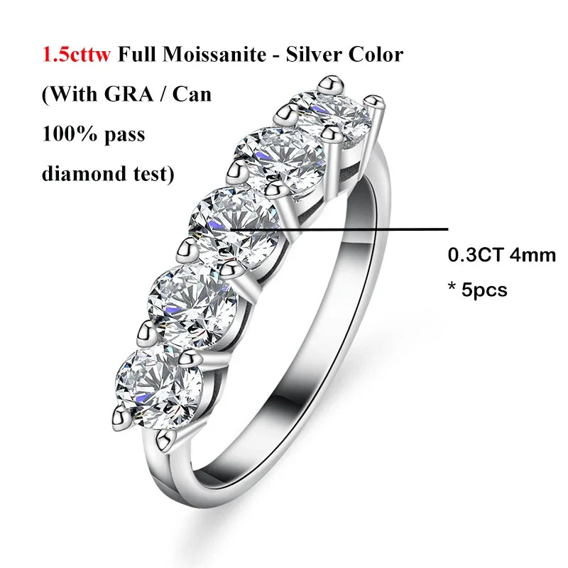 EWYA Real 5-Stone 2.2cttw Full D Color Moissanite Ring for Women Girls S925 Silver Plated 18K Pass Diamond Test Rings Band Gift