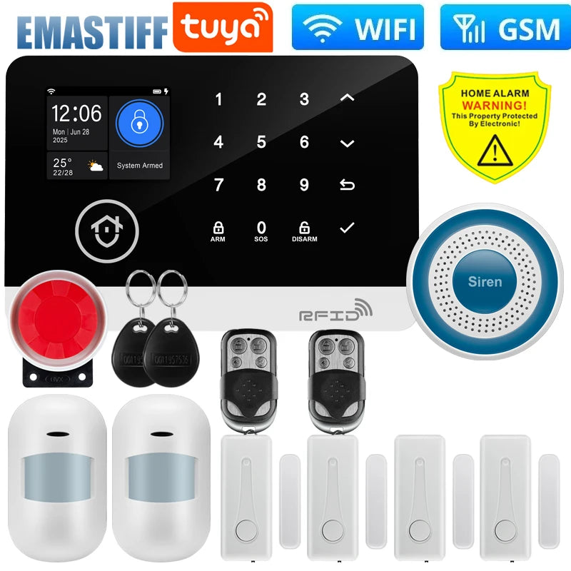 Wireless Tuya APP SIM GSM Home RFID Burglar Security LCD Touch Keyboard WIFI GSM Alarm System Sensor kit Russian,Spanish Voice