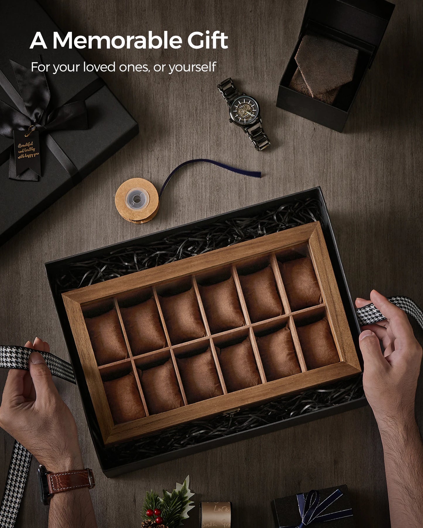 SONGMICS 12-Slot Watch Box, 2-Tier Watch Display Case with Large Glass Lid, Removable Watch Pillows, Velvet Lining, Jewelry Box