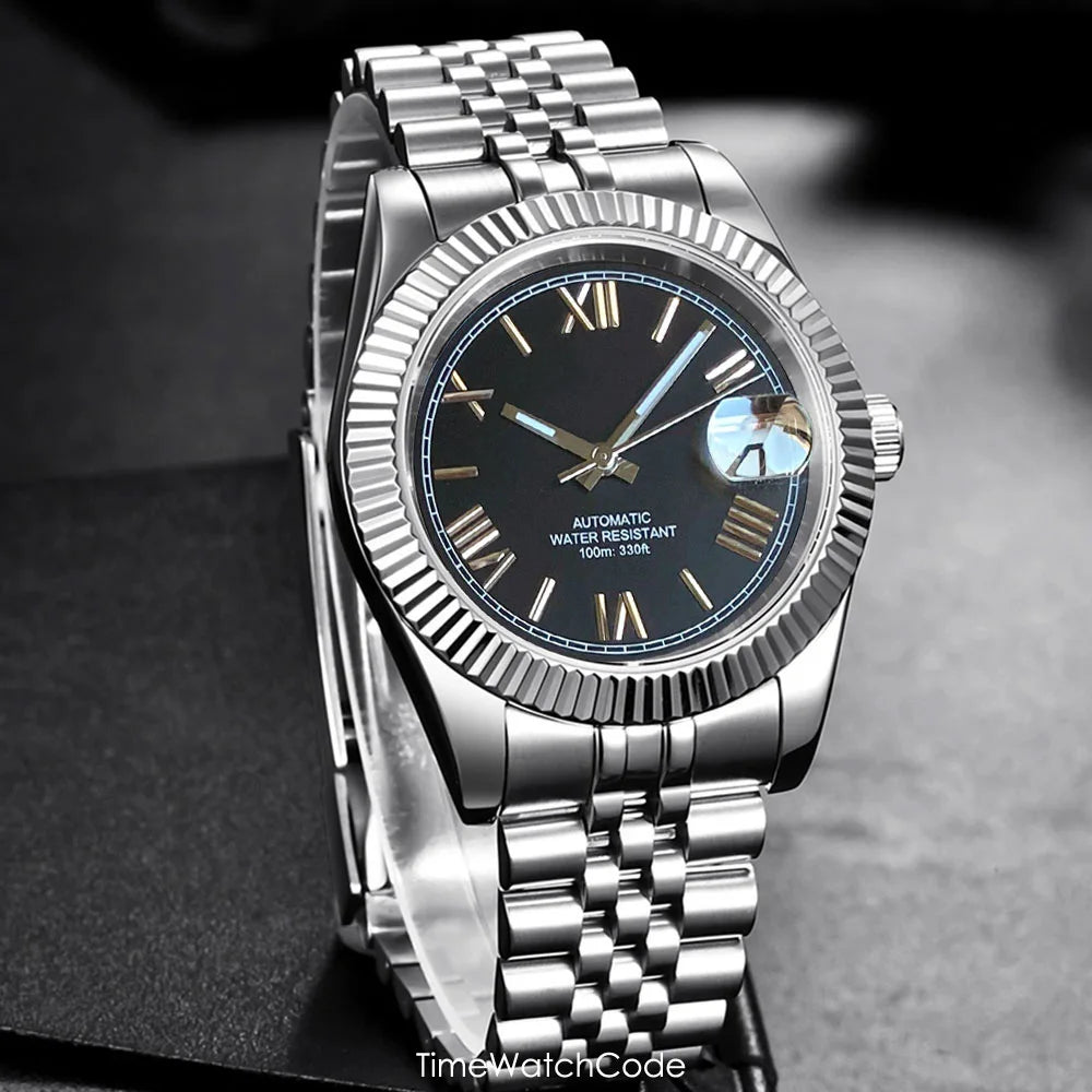 Montre automatique de luxe Tandorio Business pour homme, mouvement NH35A, cadran classique à chiffres romains, lunette cannelée, verre saphir, 36/39 mm