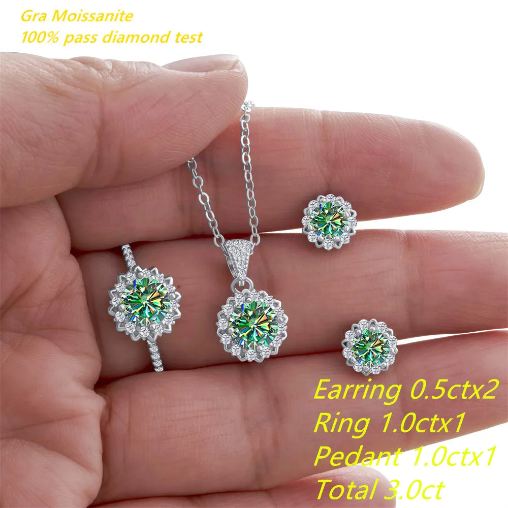 Real 925 Silver Moissanite Jewelry Set for chrm lady ring earring pendant necklace  Solitaire set for female dating party gift