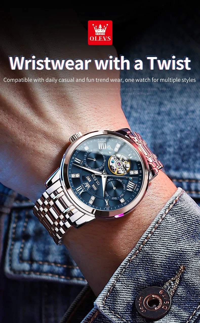 OLEVS Men's Watches Skeketon Flywheel Automatic Mechanical Original Wristwatch for Man Waterproof Luminous Perpetual Calendar