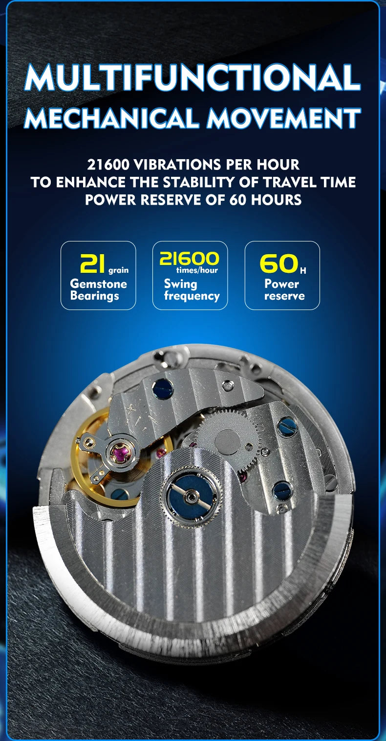 HANBORO Square Men's Fully Automatic Mechanical Watch Multi functional Fashion Trend Watch