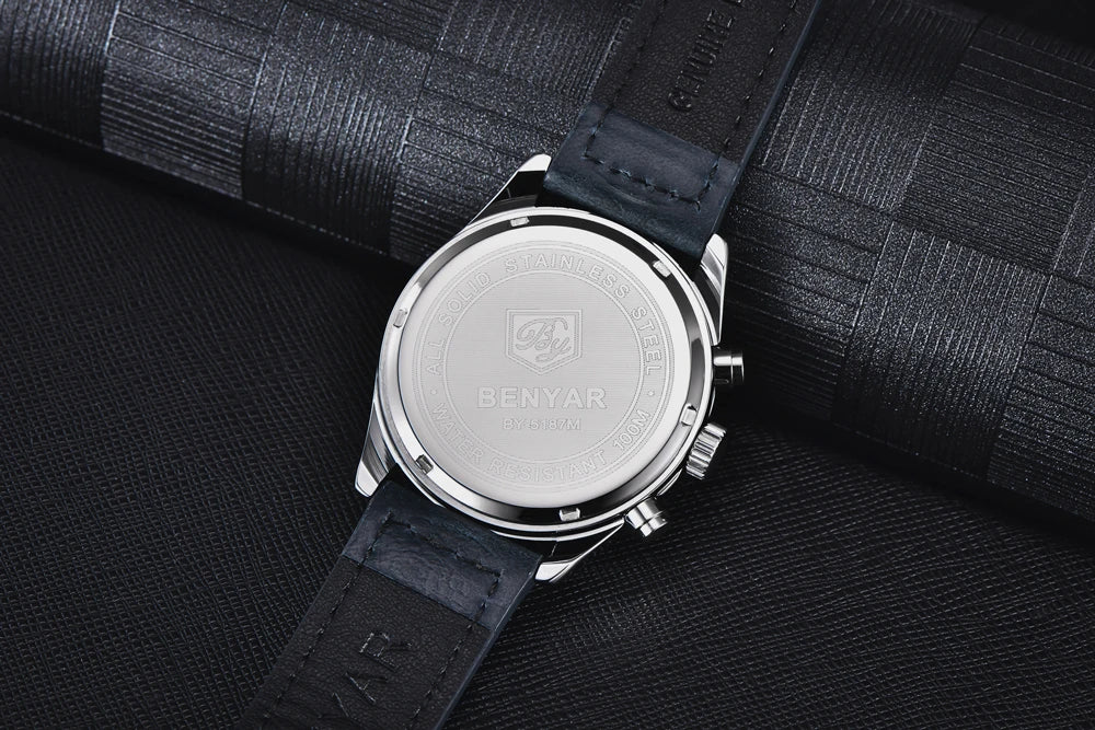 BENYAR Men Quartz Wristwatches Luxury Brand Chronograph Leather Sports Watch For Men Military 100M Waterproof Reloj Hombre 2023