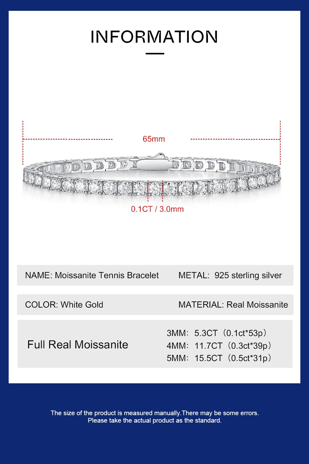 3/4/5mm Real Moissanite Tennis Bracelet for Women Man Original 925 Sterling Silver Plated 18k Gold Diamond Bracelets with GRA