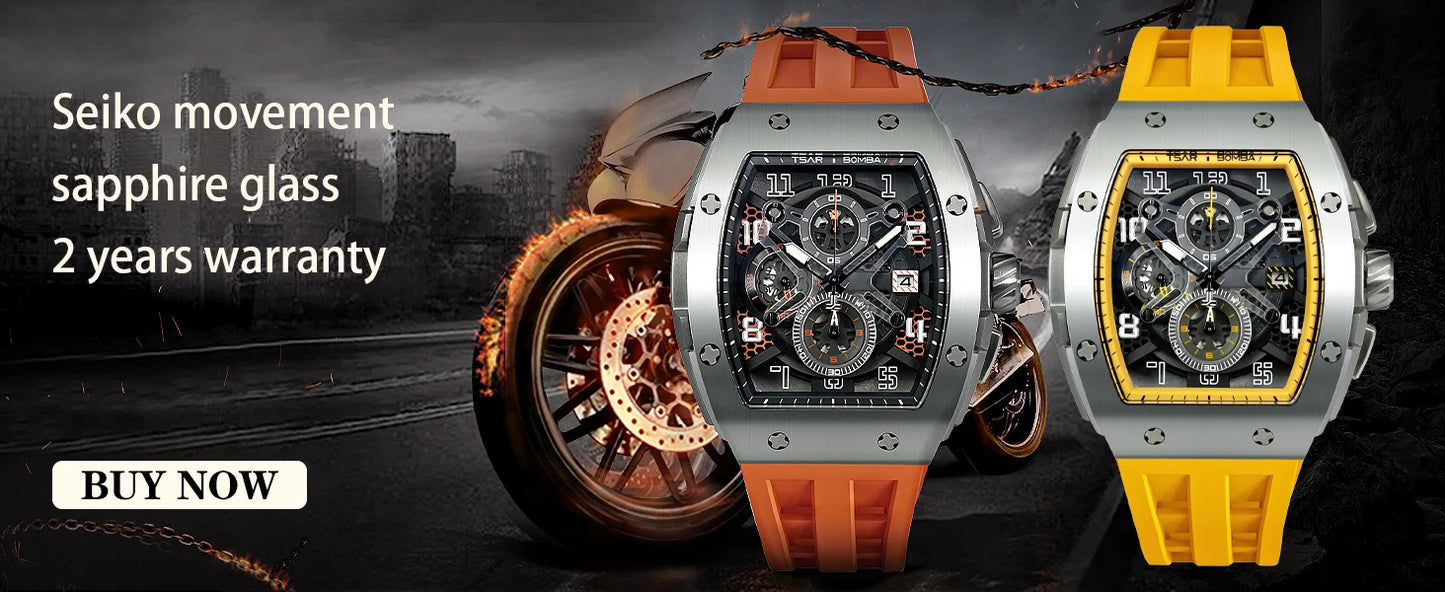 TSAR BOMBA Tonneau Mens Watches Sapphire Crystal Red Wristwatch Waterproof Chronograph Date Clock Luxury Christmas Gift for Men