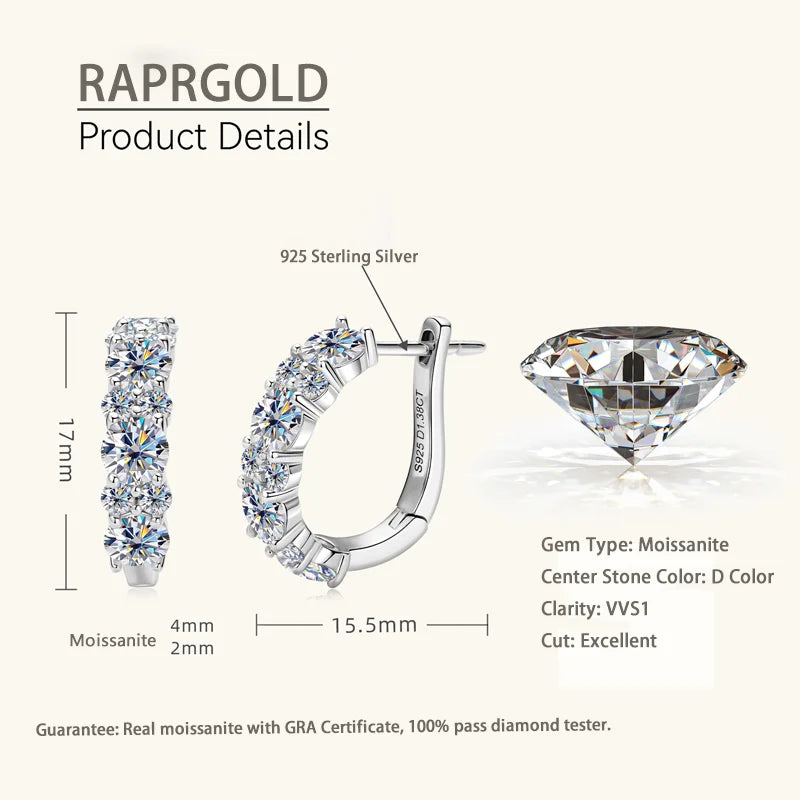 RAPRGOLD GRA Certified Moissanite U-shaped Hoop Earrings for Women S925 Sterling Silver Earring Girl's Jewelry Gifts oorbellen