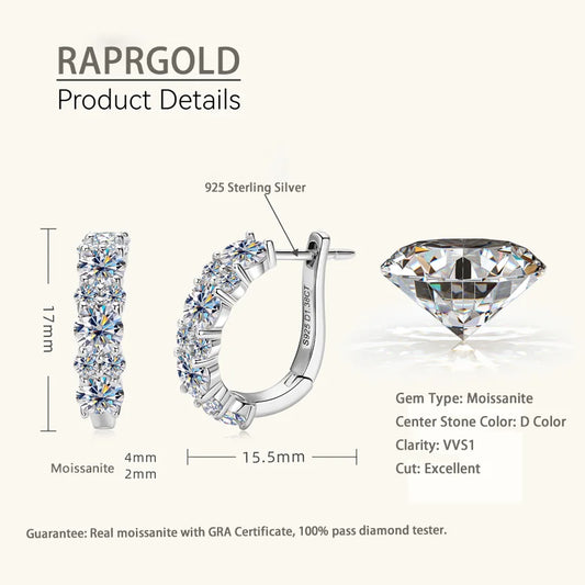 RAPRGOLD GRA Certified Moissanite U-shaped Hoop Earrings for Women S925 Sterling Silver Earring Girl's Jewelry Gifts oorbellen
