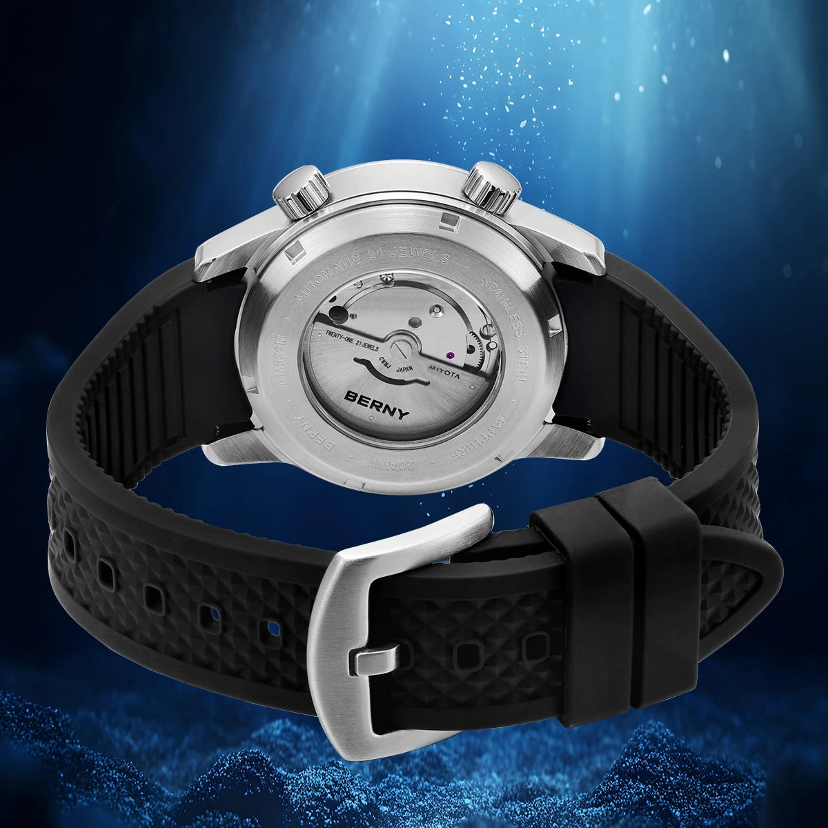 BERNY Automatic Diver Men Watch 200M Waterproof Miyota 8215 Sappire AR Coated Silicone Sports Swim Wristwatch Men's Diver Watch