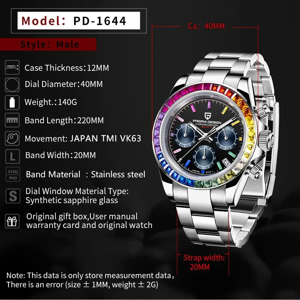 2025 New PAGANI DESIGN Rainbow Circle PD1644 Luxury Quartz Watch For Men Automatic Wristwatches Men Sport Waterproof Chronograph