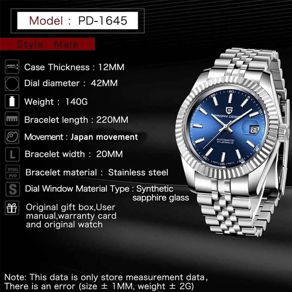 2025 New PAGANI DESIGN PD-1645 V3 Men's Mechanical Watches Business Sapphire Glass Automatic 42MM Stainless Steel Watch for Men