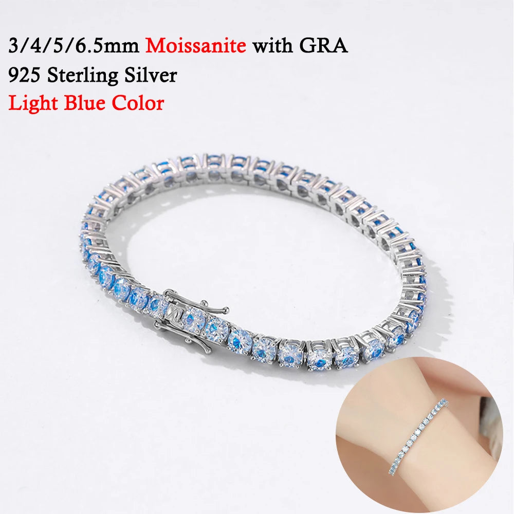 3/4/5/6.5MM Full Royal Blue Moissanite Tennis Bracelet for Women Men Original 925 Sterling Silver Wedding Party Jewelry with GRA