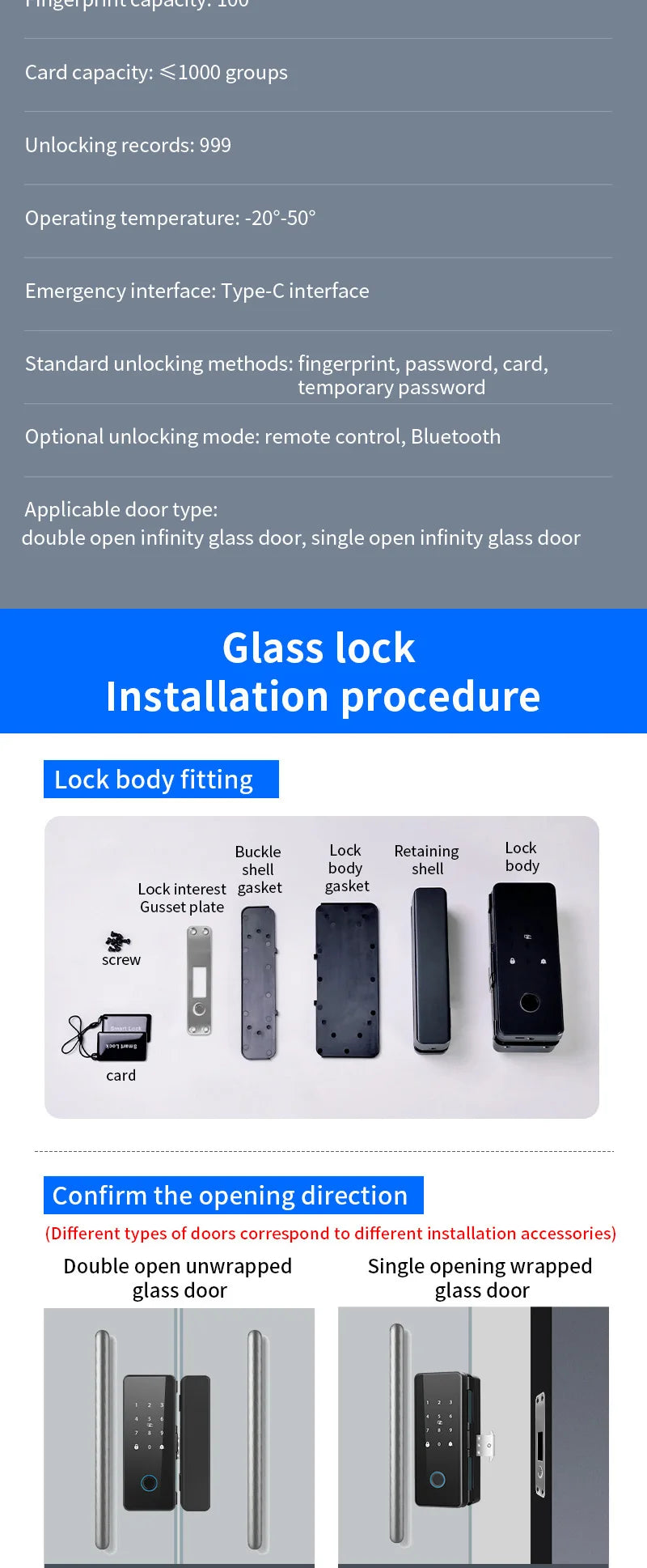 Glass Door Smart Lock TT-Lock Bluetooth Biometric Fingerprint Password Card Electronic Digital Lock office business departments