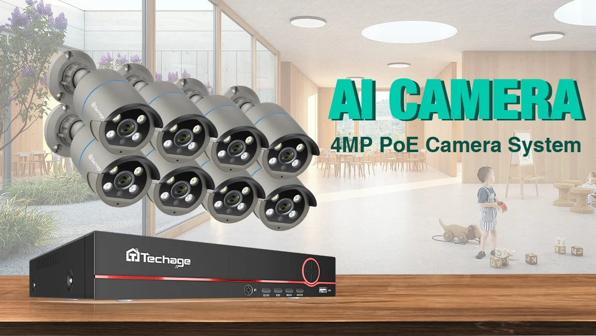 Techage 8CH HD 4MP POE Surveillance Camera CCTV Security System H.265 Face Detect Outdoor Two-way Audio IP Camera P2P Video NVR