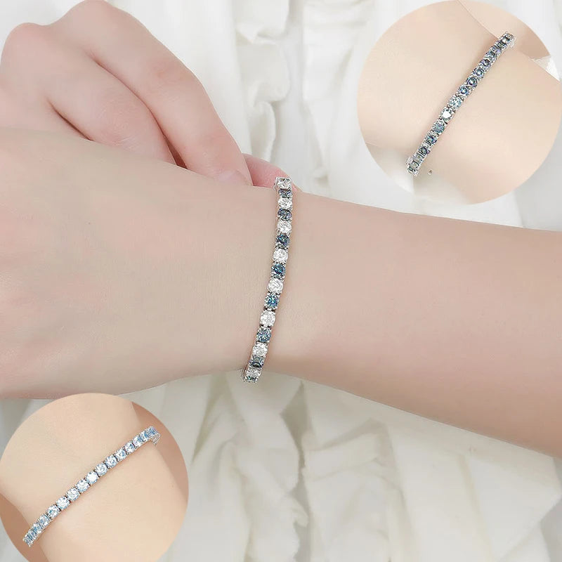 NKHOG 3/4/5/6.5mm Colorful Blue Moissanite Tennis Bracelet 925 Sterling Silver Women 18K Gold Plated Party Gift Fine Jewelry GRA