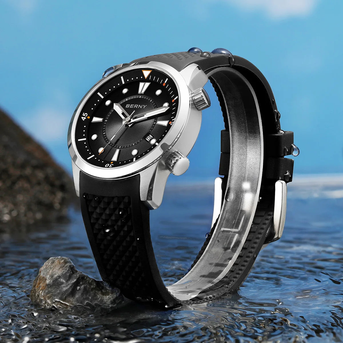 BERNY Automatic Diver Men Watch 200M Waterproof Miyota 8215 Sappire AR Coated Silicone Sports Swim Wristwatch Men's Diver Watch