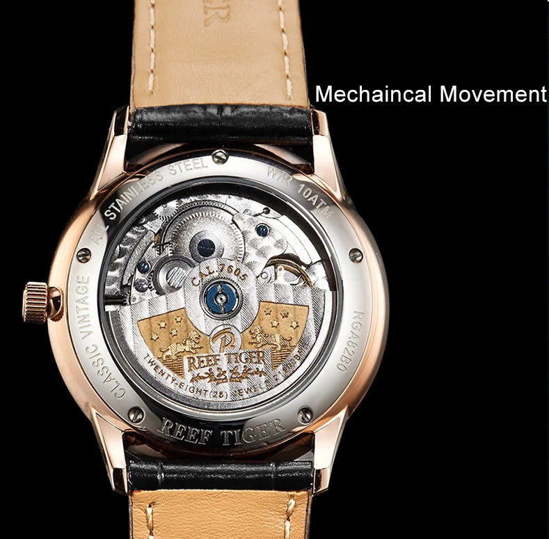 Reef-Tiger /RT Men Luxury Watch Rose Gold Mechanical Watch Brown Leather Strap Analog Watches Relogio Masculino RGA82B0
