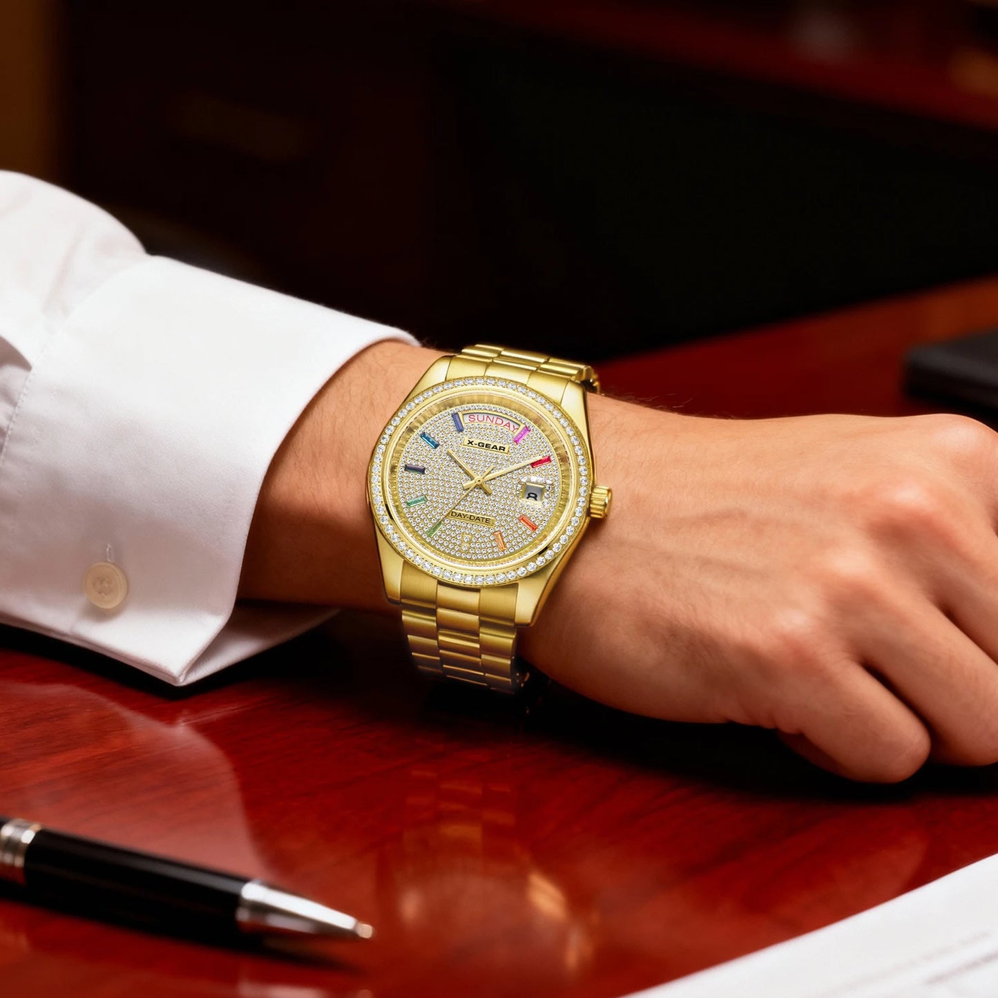 X-GEAR Men Luxury Watches Full diamond dial Diamond bezel Mechanical Watch Luminous Date Week Display Stainless Steel Case Strap