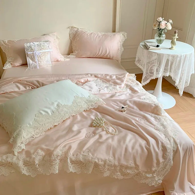 100%Eucalyptus Lyocell Cream White Lace Soft Silky Textured Wrinkle-Free Summer comforter Blanket 1Pc Flat sheet 2Pillow shams