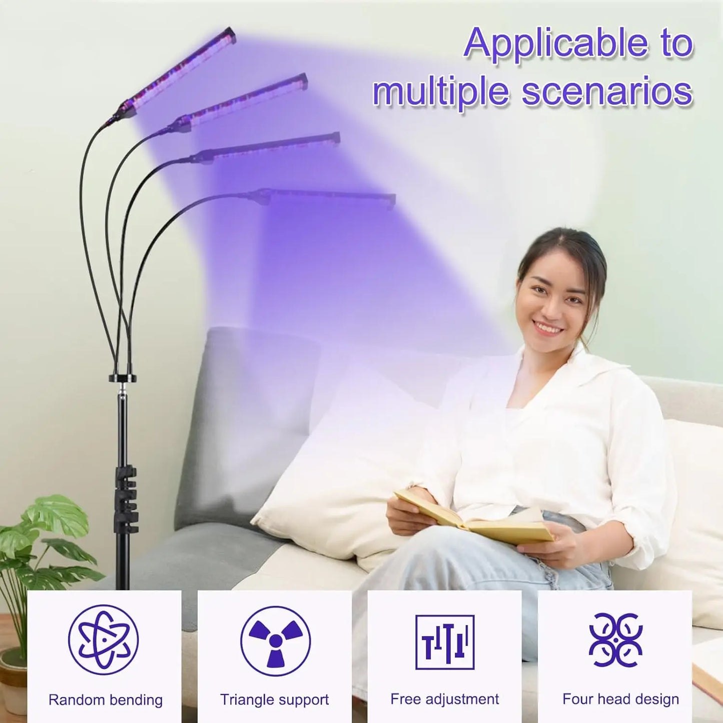 60W Tanning Lamp 4-Head UV Tanning Machine 432 LEDS Blue Light Wavelength 460nm & 490nm 360° Rotation Solarium Tanning Light
