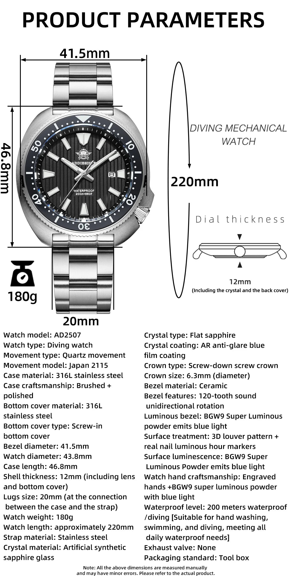 ADDIESDIVE Men's Watch Stainless Steel Sapphire Crystal Quartz Watch Men's Luminous 200M Waterproof Gift Men's Analog Watch