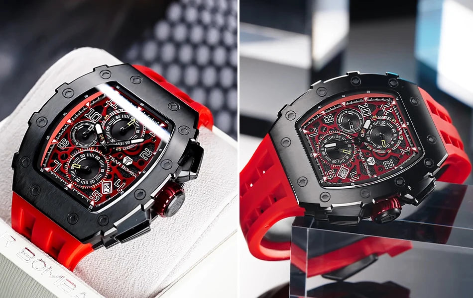 TSAR BOMBA Tonneau Mens Watches Sapphire Crystal Red Wristwatch Waterproof Chronograph Date Clock Luxury Christmas Gift for Men