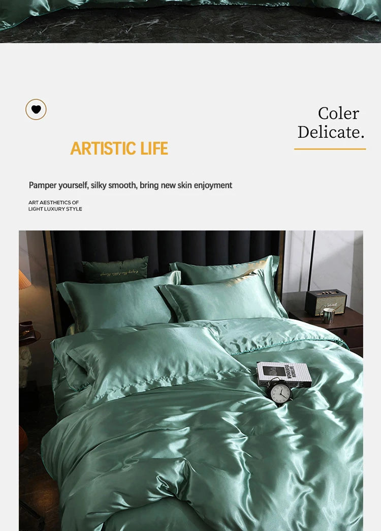 Luxury Satin  Bedding Set With Flat Sheet Duvet Cover High End Bedding Set  High Density Satin  Solid Color Bedding