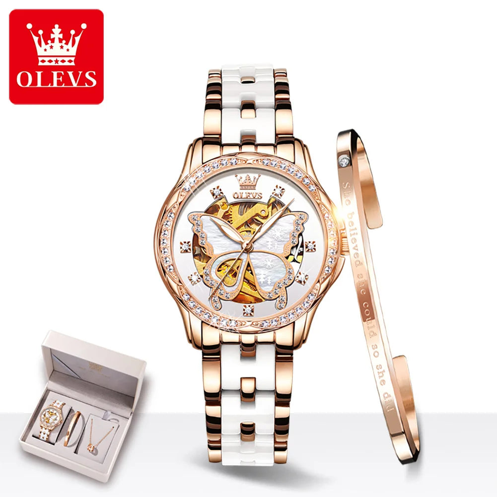 OLEVS 6622 Luxury Women All Automatic Mechanical Watch HD Waterproof Elegant Butterfly Diamond Women Fashion Bracelet Set Watch
