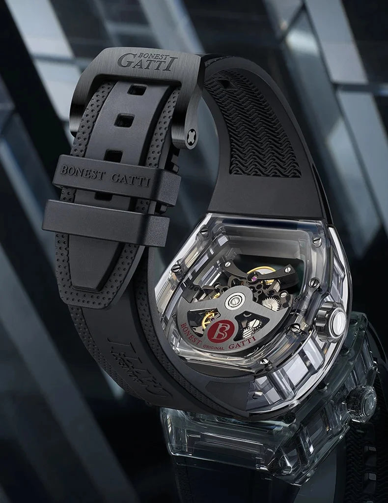 BONEST GATTI 2025 New Men Automatic Watch Tonneau Mechanical Wristwatch Acylic Case Sapphire Lume Hollow Out Dial Fluororubber