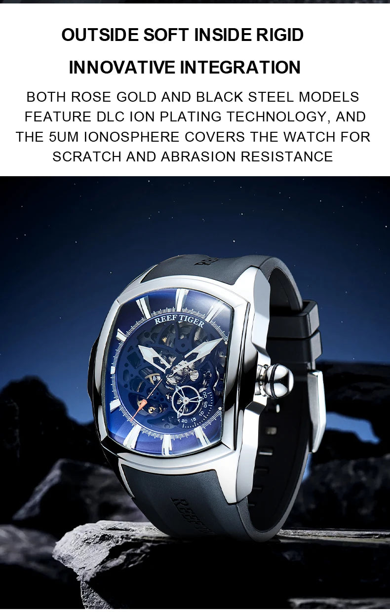 Reef Tiger Men's 316L Stainless Steel Skeleton Automatic Watch Wine Barrel Hollow Waterproof Mechanical Sport Watches RGA3069-S