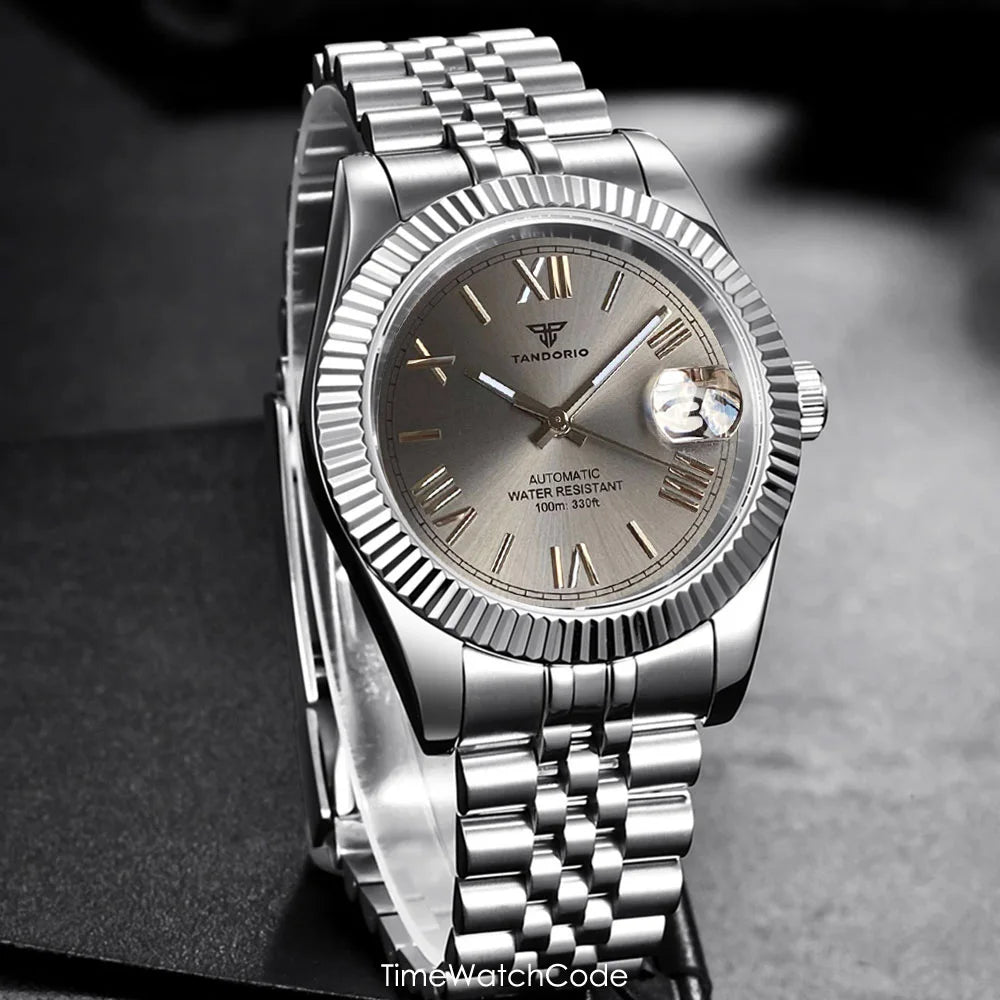 Montre automatique de luxe Tandorio Business pour homme, mouvement NH35A, cadran classique à chiffres romains, lunette cannelée, verre saphir, 36/39 mm