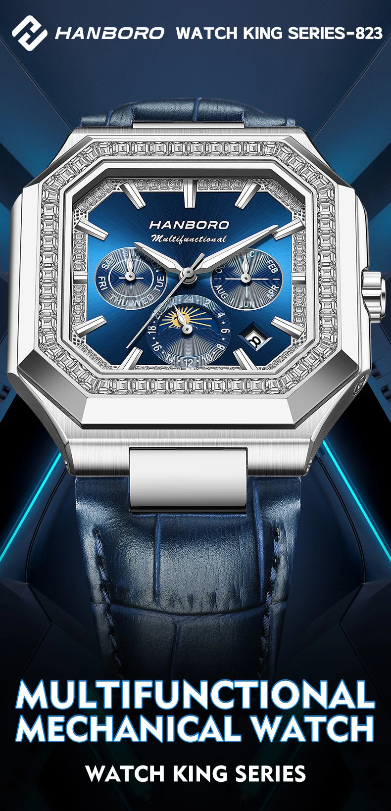 HANBORO Square Men's Fully Automatic Mechanical Watch Multi functional Fashion Trend Watch